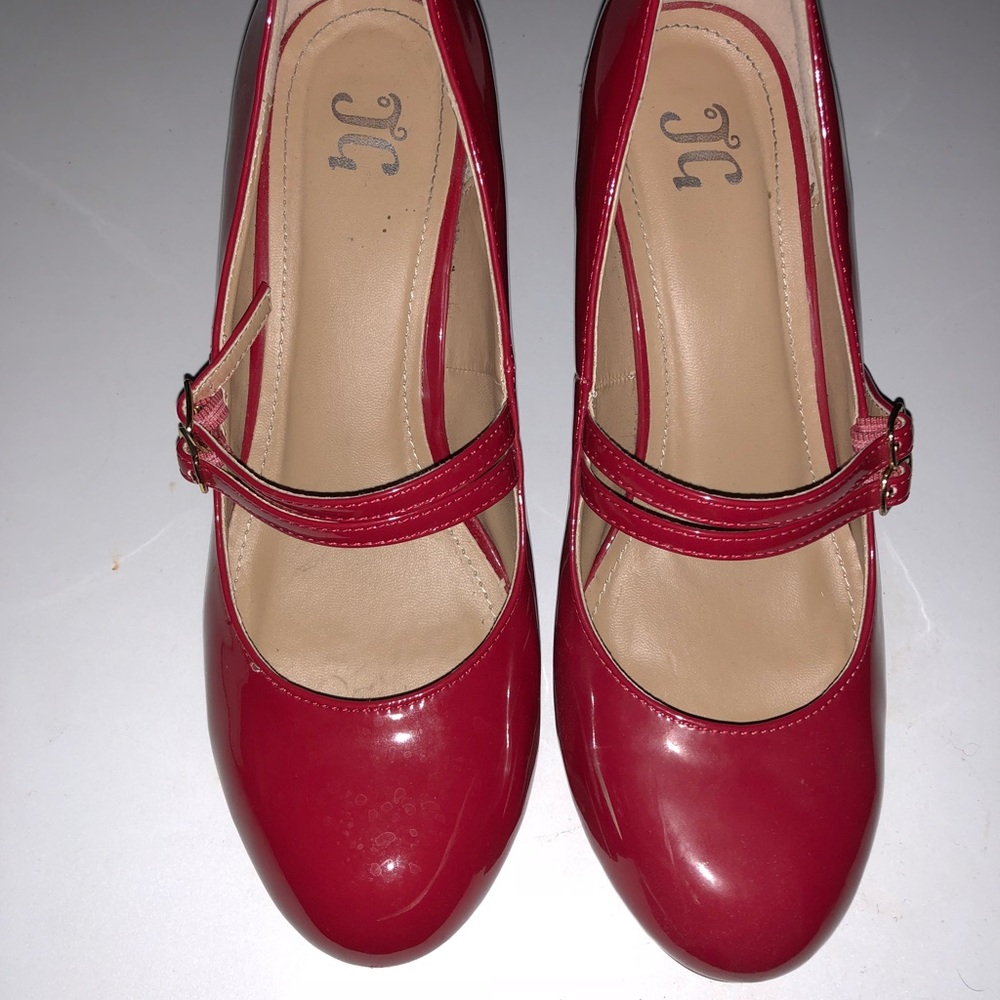 J.G. Round Toe Mid Heel Mary Jane Pumps- Red